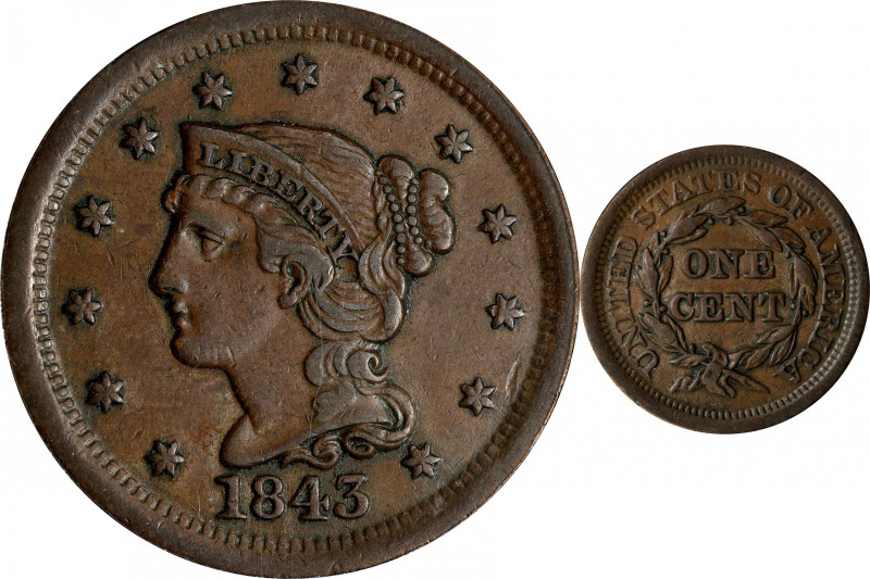 1843 Braided Hair Cent. N-6. Rarity-1. Mature Head, Large Letters. EF-45 (ANACS)...