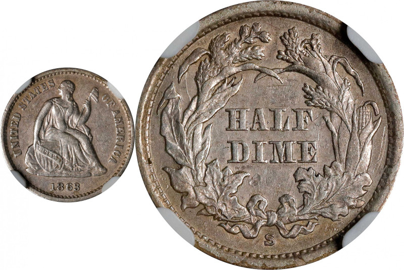 1863-S Liberty Seated Half Dime. AU-53 (NGC).

PCGS# 4383. NGC ID: 234D.