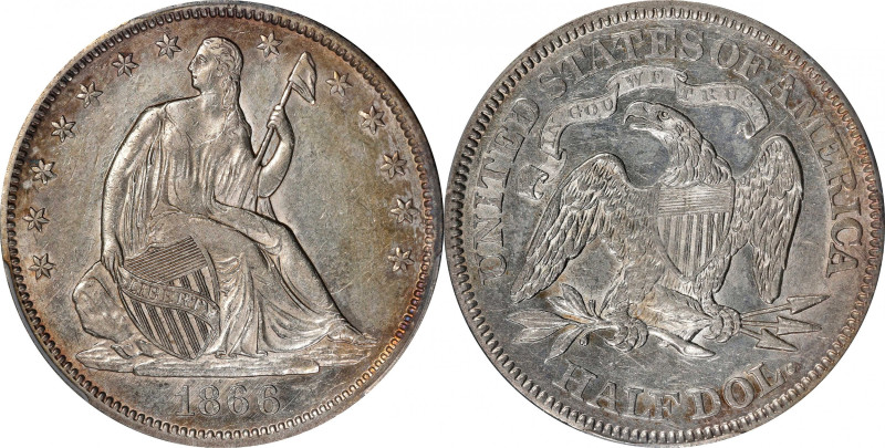 1866 Liberty Seated Half Dollar. WB-2. Rarity-3. Misplaced Date. AU-53 (PCGS).
...