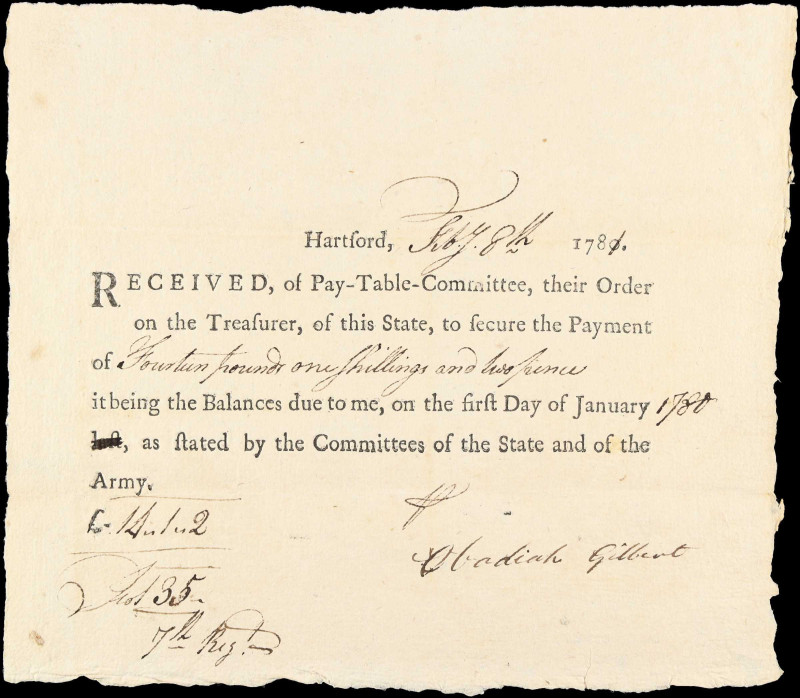 Connecticut. Payment Receipt. 1781. 14 Pounds, 1 Shilling, 2 Pence. Very Fine.
...