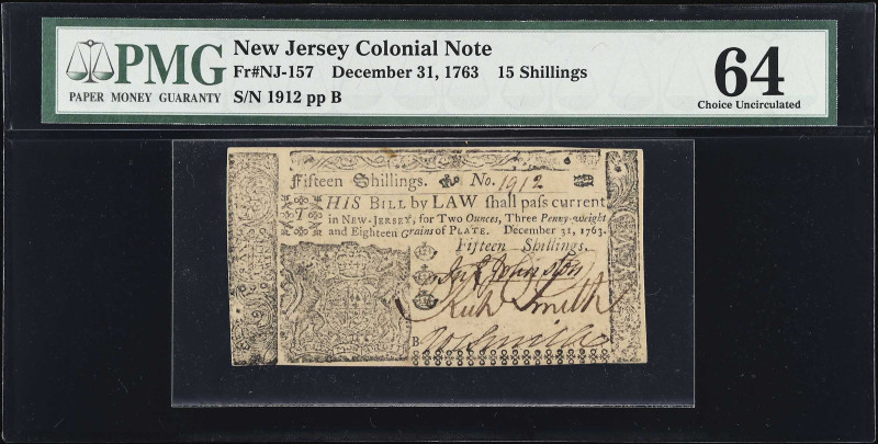 NJ-157. New Jersey. December 31, 1763. 15 Shillings. PMG Choice Uncirculated 64....