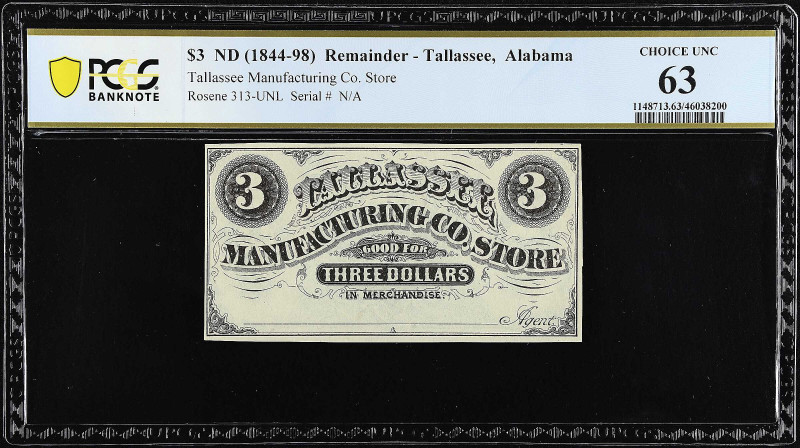 Tallassee, Alabama. Tallassee Manufacturing Co. Store. ND (1844-98) $3. PCGS Ban...