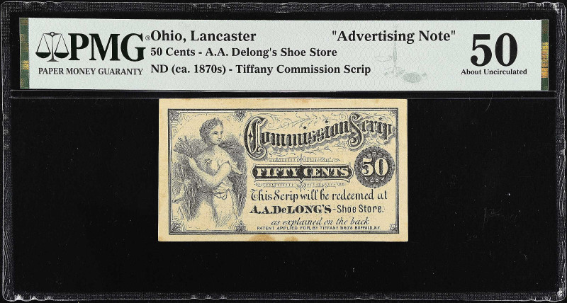 Lancaster, Ohio. A.A. Delong's Shoe Store. Tiffany Commission Scrip. ND (ca. 187...