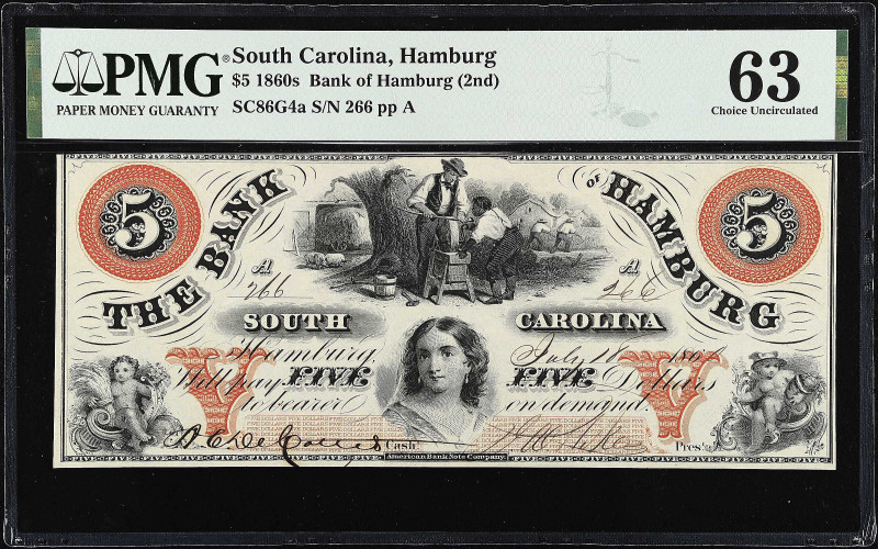 Hamburg, South Carolina. Bank of Hamburg (2nd). 1860s $5. PMG Choice Uncirculate...