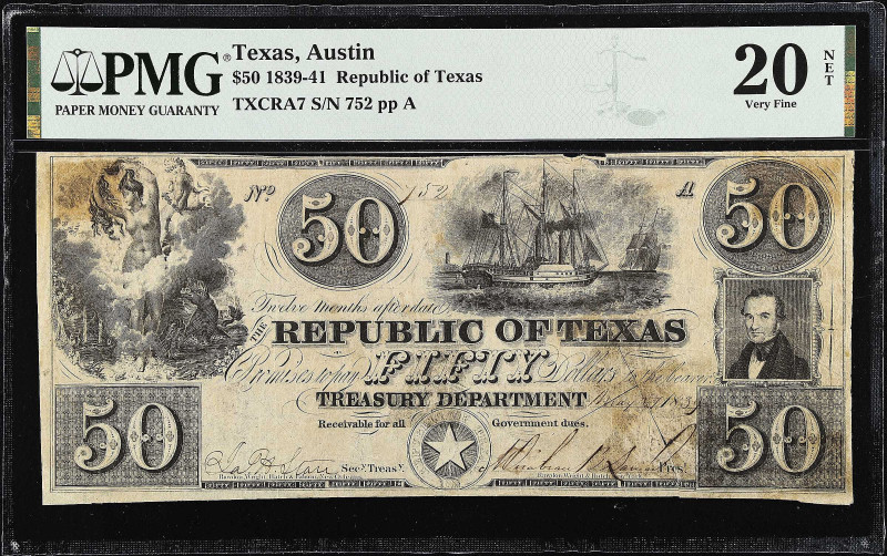 Austin, Texas. Republic of Texas. 1839-41 $50. PMG Very Fine 20 Net. Cut Cancell...