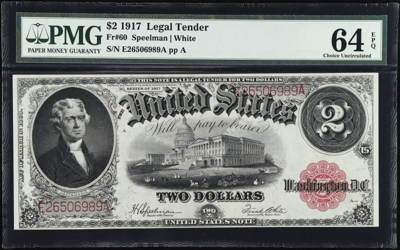 Fr. 60. 1917 $2 Legal Tender Note. PMG Choice Uncirculated 64 EPQ.

A bright n...