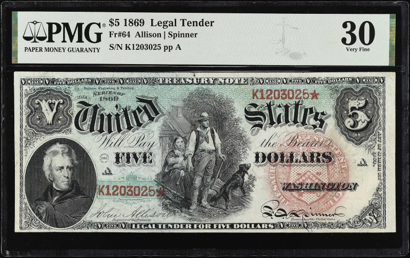 Fr. 64. 1869 $5 Legal Tender Note. PMG Very Fine 30.

Attractive green hues an...