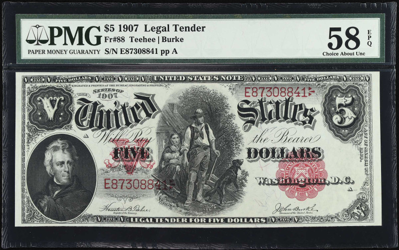 Fr. 88. 1907 $5 Legal Tender Note. PMG Choice About Uncirculated 58 EPQ.

Orig...