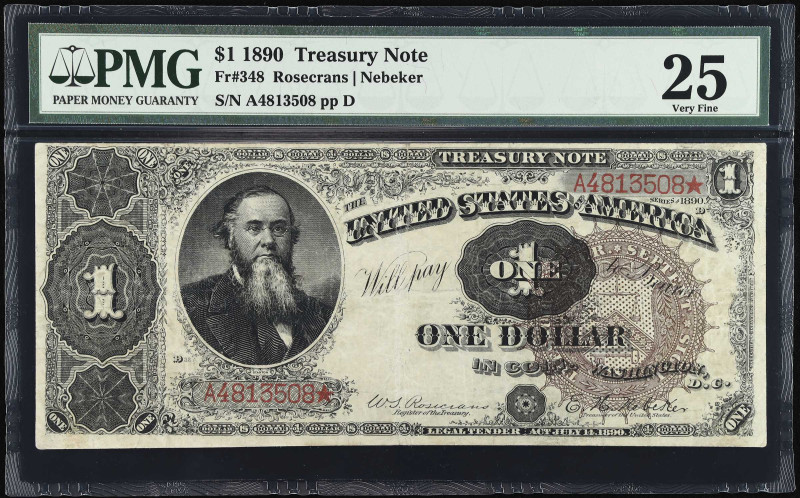 Fr. 348. 1890 $1 Treasury Note. PMG Very Fine 25.

A popular Ace from the orna...