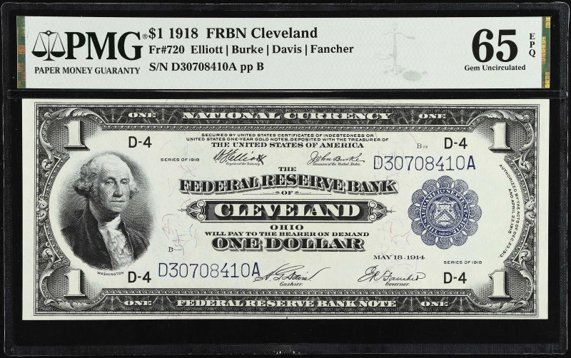 Fr. 720. 1918 $1 Federal Reserve Bank Note. Cleveland. PMG Gem Uncirculated 65 E...