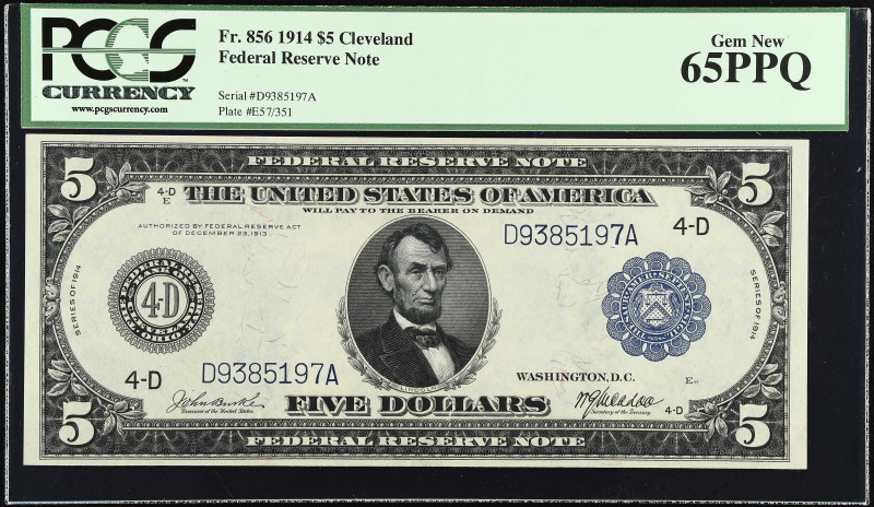 Fr. 856. 1914 $5 Federal Reserve Note. Cleveland. PCGS Currency Gem New 65 PPQ....