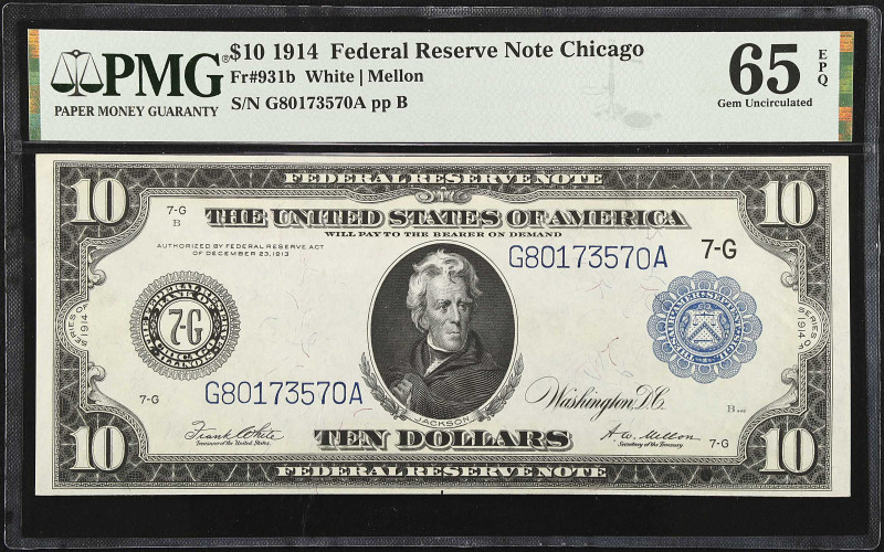 Fr. 931b. 1914 $10 Federal Reserve Note. Chicago. PMG Gem Uncirculated 65 EPQ.
...