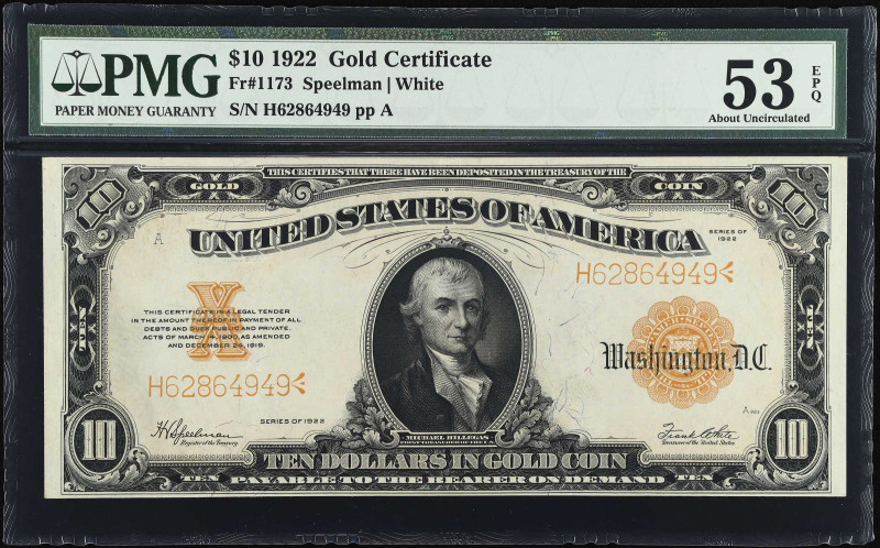 Fr. 1173. 1922 $10 Gold Certificate. PMG About Uncirculated 53 EPQ.

A beautif...