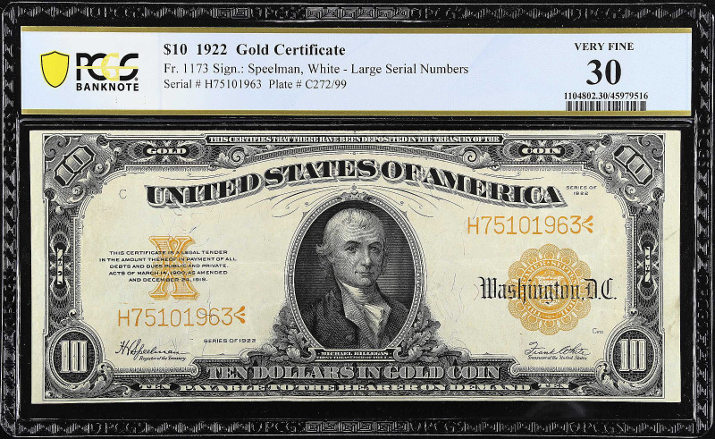 Fr. 1173. 1922 $10 Gold Certificate. PCGS Banknote Very Fine 30.

Large serial...