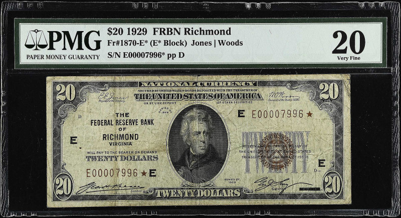 Fr. 1870-E*. 1929 $20 Federal Reserve Bank Star Note. Richmond. PMG Very Fine 20...