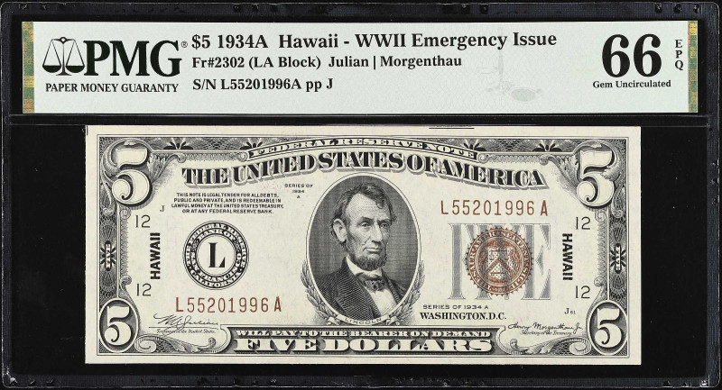 Fr. 2302. 1934A $5 Hawaii Emergency Note. PMG Gem Uncirculated 66 EPQ.

A brig...