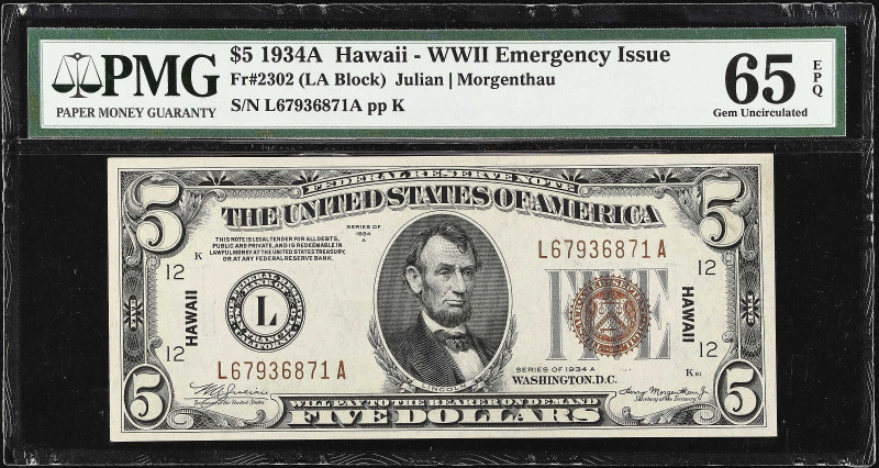 Fr. 2302. 1934A $5 Hawaii Emergency Note. PMG Gem Uncirculated 65 EPQ.

An exc...