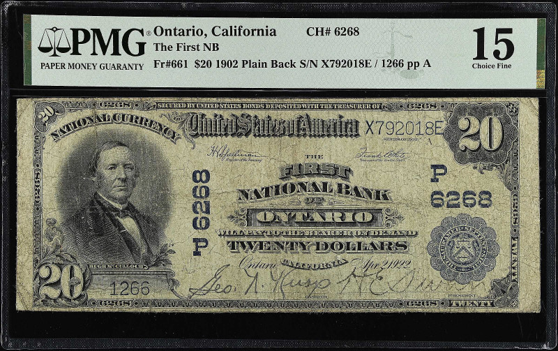 Ontario, California. $20 1902 Plain Back. Fr. 661. The First NB. Charter #6268. ...