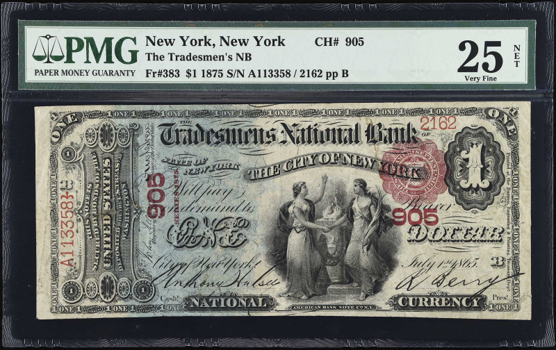 New York, New York. 1875 $1 Fr. 383. The Tradesmen's NB. Charter #905. PMG Very ...