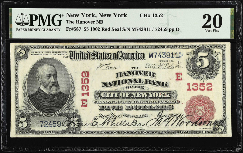 New York, New York. 1902 Red Seal $5 Fr. 587. The Hanover NB. Charter #1352. PMG...