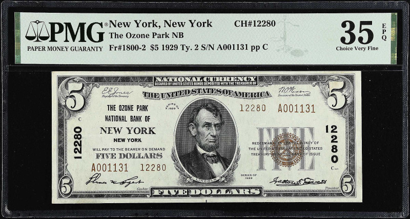 New York, New York. 1929 Ty. 2 $5 Fr. 1800-2. The Ozone Park NB. Charter #12280....