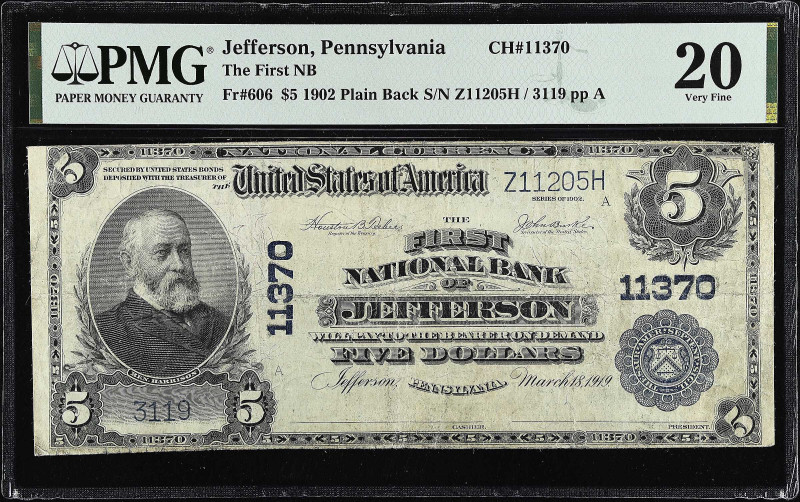 Jefferson, Pennsylvania. $5 1902 Plain Back. Fr. 606. The First NB. Charter #113...