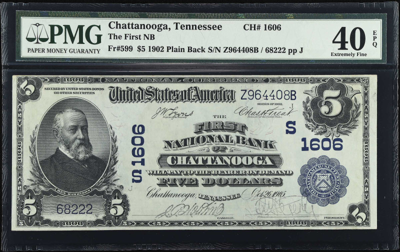 Chattanooga, Tennessee. $5 1902 Plain Back. Fr. 599. The First NB. Charter #1606...