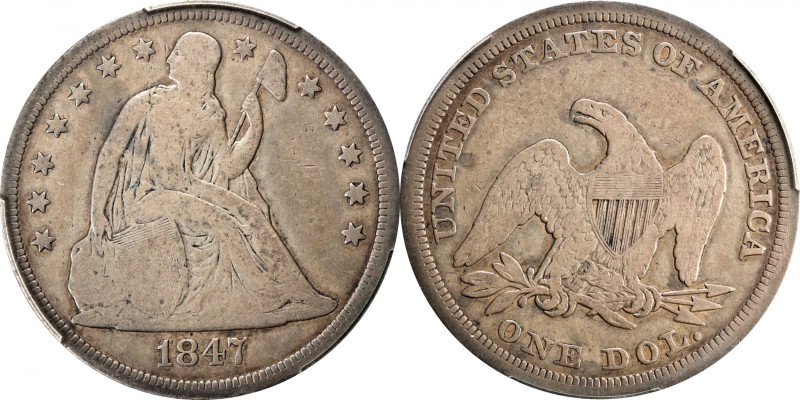 1847 Liberty Seated Silver Dollar. OC-1. Rarity-1. VG-8 (PCGS).

PCGS# 6934. N...