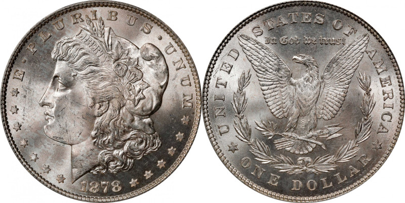 1878 Morgan Silver Dollar. 7 Tailfeathers. Reverse of 1878. MS-64 (PCGS). CAC. O...