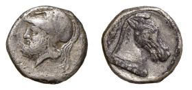 CAMPANIA - NEAPOLIS - ANONIME(circa 310-300 a.C.) DIDRAMMA gr.7,0 -D/Testa elmata di Marte a s. R/Protome equina a d. con dietro una spiga, sotto la s...