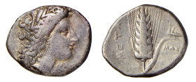 LUCANIA - METAPONTUM (330-290 a.C.) DIDRAMMA gr.7,8 - D/Testa di Demetra a d. R/Spiga di orzo con a d. un aratro con sotto MAX e a s. META - Ar - Sng....