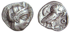 ATTICA - ATENE (454-404 a.C.) HEMIOBOLO gr.0,7 -D/Testa elmata di Atena a d. R/La civetta stante a s. con la scritta ΔΘΕ - Ar - SNG Mün.83 RARA BB+...