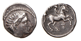 MACEDONIA - AMPHIPOLIS - FILIPPO III (323-317 a.C.) 1/5 DI TETRADRAMMA gr.2,5 - D/Testa di Apollo a d. R/Cavaliere a d. con sotto monogramma TE, sopra...