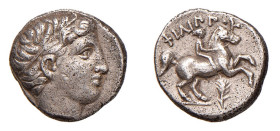 MACEDONIA - AMPHIPOLIS - FILIPPO III (323-317 a.C.) 1/5 DI TETRADRAMMA gr.2,6 - D/Testa di Apollo a d. R/Cavaliere a d. con sotto una spiga, sopra ΦIΛ...