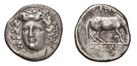 THESSAGLIA - LARISSA (355-342a.C.) DRACMA gr.5,5 - D/Volto di tre quarti della ninfa Larissa R/Cavallo a d. nell'atto di inginocchiarsi con sopra ΛAPI...