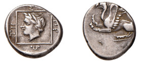TRACIA - ABDERA (395-360 a.C.) TETROBOLO gr.2,8 - Magistrato Protes - D/Grifo accovacciato a s. R/Entro quadrato lineare la testa di Apollo a d. e int...