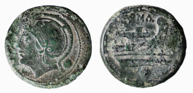 ROMA - SERIE SEMILIBRALE STANDARD (circa 217-215 a.C.) ONCIA gr.10,9 -D/Testa elmata di Roma a s. con dietro il globo del valore R/Prora a d. con sopr...