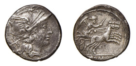 ROMA - ANONIME SENZA SIMBOLI (157-156 a.C.) DENARIO - D/Testa di Roma con elmo attico alato; dietro, X R/La Vittoria su biga a d., sotto ROMA - Ar - S...