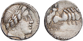 ROMA - ANONIME SENZA SIMBOLI (86 a.C.) DENARIO -D/Testa di Apollo Vejovis a d. con sotto una folgore R/Giove su quadriga a d. - Ar - B.226 - Syd.223 q...