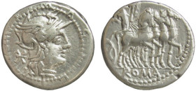 ACILIA (130 a.C.) M.Acilius M.f. - DENARIO - D/Testa di Roma a d.; dietro X R/Ercole su quadriga verso d., sotto ROMA - Coniata a ricordo della vittor...
