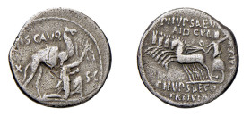 AEMILIA (58 a.C.) M. Aemilius Scaurus e Pub.Plautius Hypsaeus - DENARIO - D/Il Re Aretas a fianco di un cammello R/Giove su quadriga. - Ar - B. 9 - Sy...