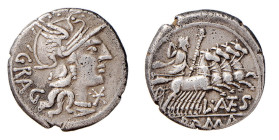 ANTESTIA (146 a.C.) L.Antestius Gragulus - DENARIO - D/Testa di Roma a d. con davanti * e dietro GRAG R/Giove su quadriga verso d. L.ANTES. Esergo ROM...