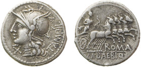 BAEBIA (137 a.C.) M.Baebius Q.f.Tampilus - DENARIO - D/Testa di a s. con davanti X e dietro TAMPIL R/Apollo su quadriga a d. con sotto i cavalli ROMA,...