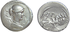 CARISIA (46 a.C.) T. Carisia - DENARIO - D/Busto alato della Vittoria a d. con dietro S C R/La Vittoria su quadriga verso d. T.CARISI - Ar - B. 3 BB+