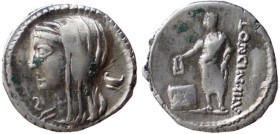 CASSIA (63 a.C.) L.Cassius Longinus - DENARIO gr.3,9 - D/Testa di Vesta a s. con dietro un oggetto e davanti una lettera dell'alfabeto. R/Civis romano...