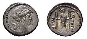 CLAUDIA (79 a.C.) Publius Clodius Marci Filius - DENARIO -D/Testa di Apollo a d. con dietro una piccola lira R/Diana Lucifera drappeggiata, con arco e...