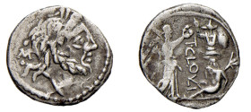 CLOULIA (128a.C.) T. Cloulius - QUINARIO - D/Testa di Giove a d. con dietro ●=M=● R/La Vittoria stante a d. mentre incorona un trofeo che ha sotto un ...
