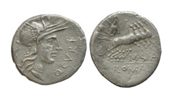 CURTIA (116-115 a .C.) Q.Curtius - DENARIO - D/Testa di Roma a con davanti Q.CVRT e dietro X R/Giove su quadriga verso d. con sopra un lituus, sotto M...