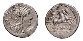 FULVIA (117-116 a.C.) Cn.Fulvius, M.Calidius e Q.Metellus - DENARIO -D/Testa di Roma con davanti * R/La Vittoria su biga verso d. CN.FOVL.M.CAL.ROMA Q...