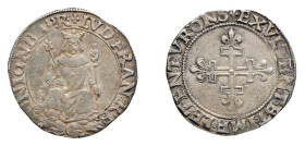 NAPOLI - LUIGI XII RE DI FRANCIA (1501-1503) CARLINO -D/Il Re coronato seduto frontalmente in trono, con lo scettro nella mano s. e nella d. la "mano ...